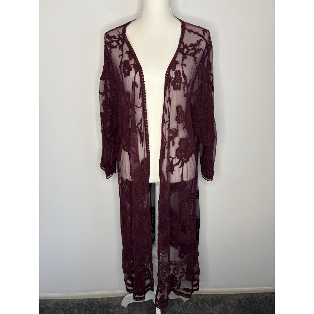 Open Cardigan Lace Kimono Sz Large Wine Sheer Layering Boho Romantic Fairy - Picture 1 of 9
